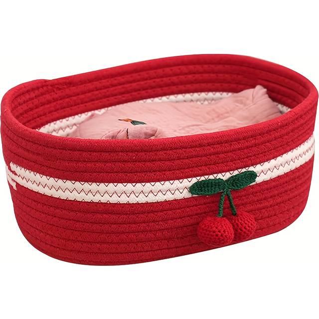 TEMU Handmade Storage Basket – Decorative Woven Organizer With Cherry Embroidery And Knitted Strawberry Accent For Home Or Gift, Cherry Themed Items, Shelf Baskets