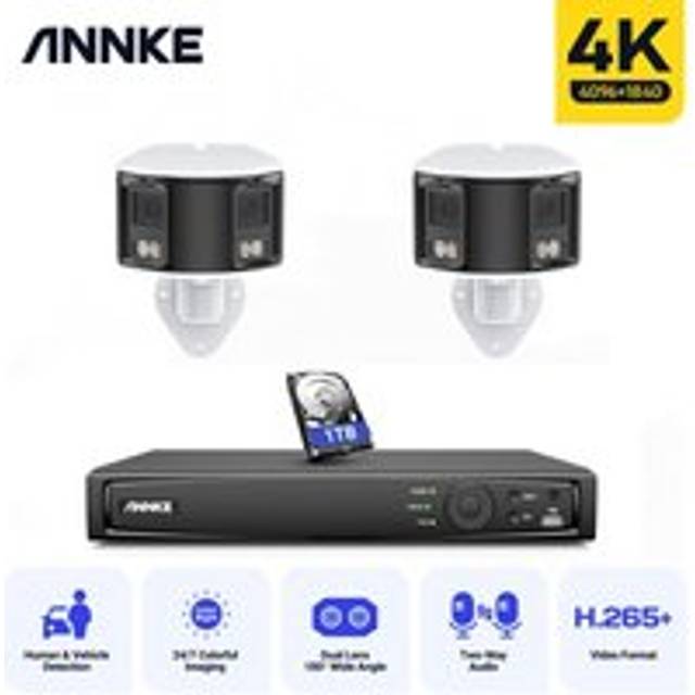 4K PoE Camera Security System Panoramic 180° Dual Lens Camera H.265+ 2 Way Audio cctv Surveillance Video Camera Kit - 1TB hdd - Annke