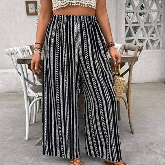 SHEIN Plus Size Loose Black And White Stripe Pants, Vacation Style,ÂBoho,Western Clothes For Women,Leisure,Vacation