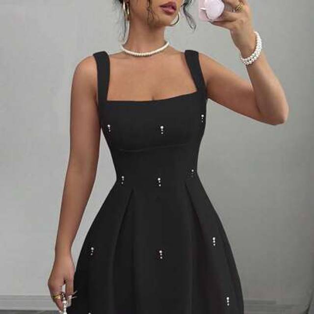 Airlisse Women&#39;s Solid Color Splicing Wide Strap Rivet Pearl Casual Dress