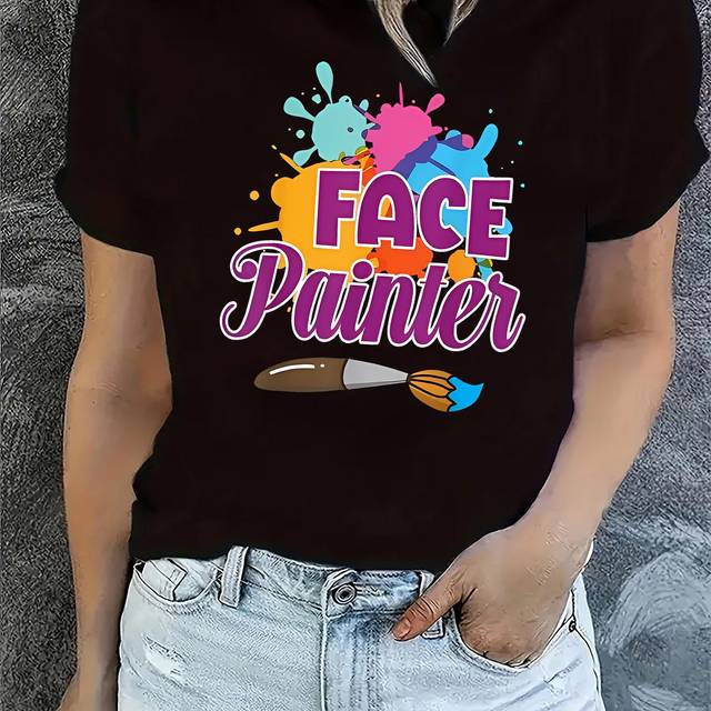 TEMU Women's Casual Short Sleeve T-shirt With Colorful Face Painter Graphic & Geometric Paint Splatter Design - Round Neck Tee For Summer, Artistic Casual Wear, Top, Shirt