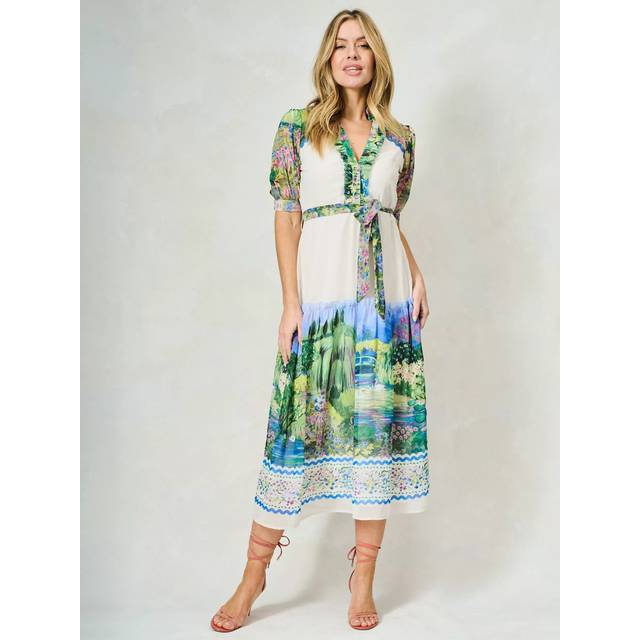 Hope & Ivy The Zara Landscape Scene Tie Waist A-Line Midi Dress, White/Multi