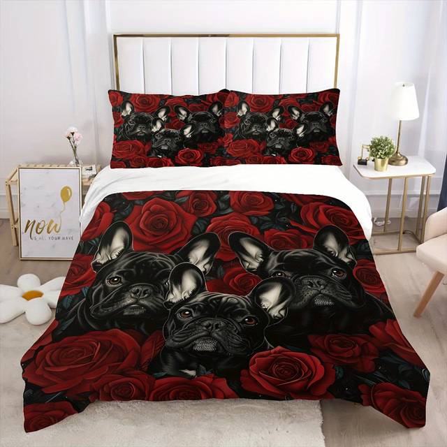 TEMU 3pcs Soft & Cozy French Bulldog Rose Print Bedding Set - Includes Duvet Cover /2 Pillowcases, Hypoallergenic Flannel Fabric, Decor