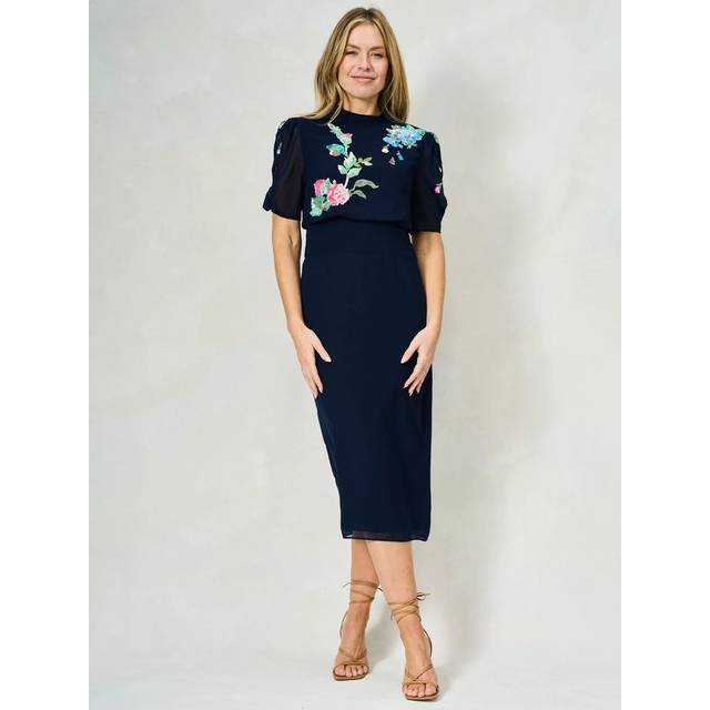 Hope & Ivy The Hailey Floral Embroidered Midi Dress, Navy Multi