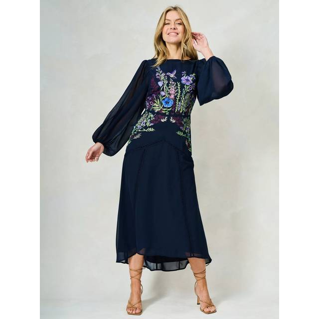Hope & Ivy The Cassandra Sequin Floral Embroidered Georgette Maxi Dress, Navy