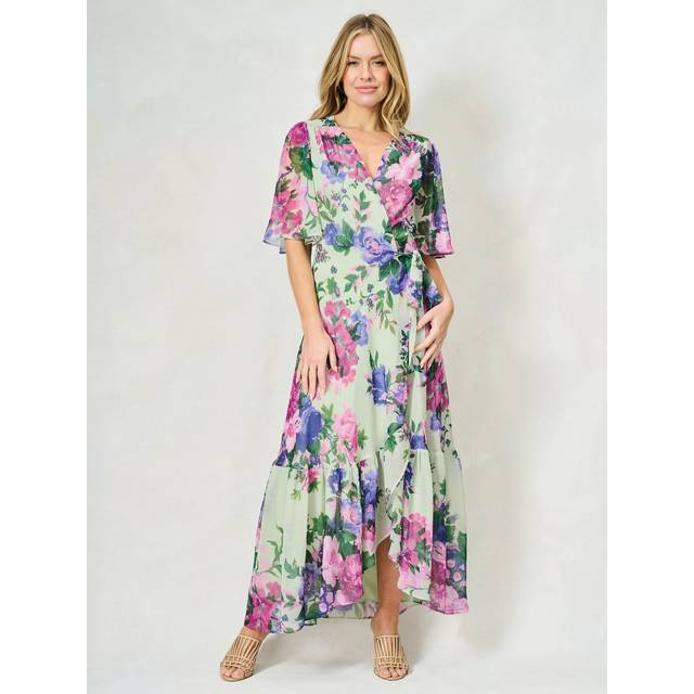 Hope & Ivy The Priscilla Floral Chiffon Wrap Maxi Dress, Green/Multi
