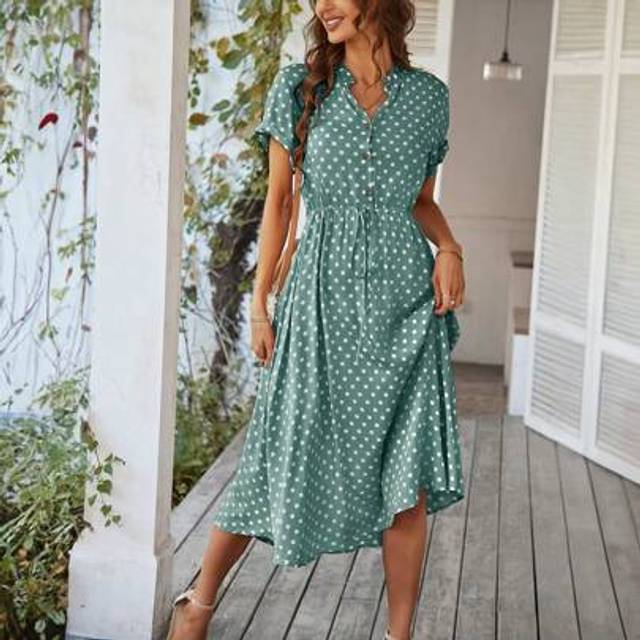Breezaya Polka Dot Drawstring Button Front Dress Maxi Vacation Beach Outfits Women