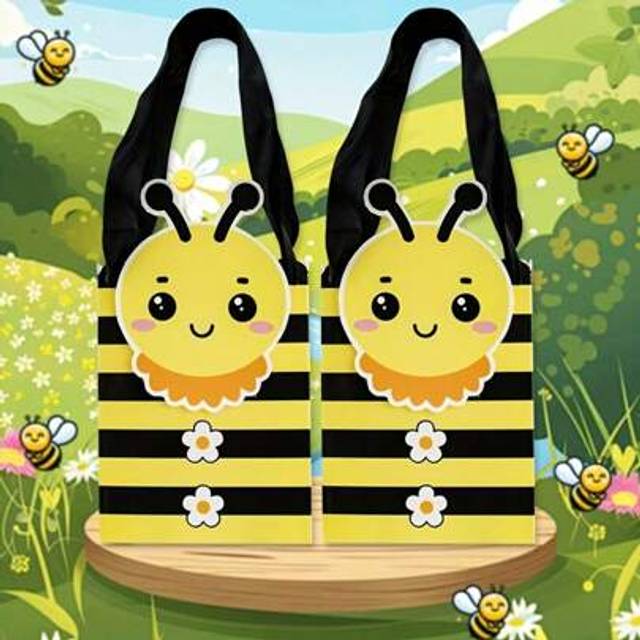 SHEIN 5pcs Creative Cartoon Bee Style Gift Bag With Handle, Yellow And Black Striped Design, Party Packaging Bag, Cartoon Bee Design, Durable Storage Paper