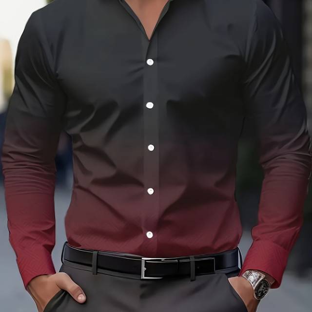 TEMU Men's Plus Size Casual - Geometric Print Long Sleeve Button-up With Contrast Red Accents, Machine Washable Regular Fit For Office & Casual Attire, Plus Size