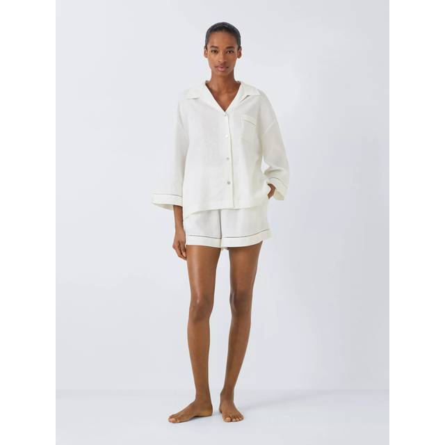 John Lewis Ladder Trim Linen Blend Shorty Pyjama Set, Ivory