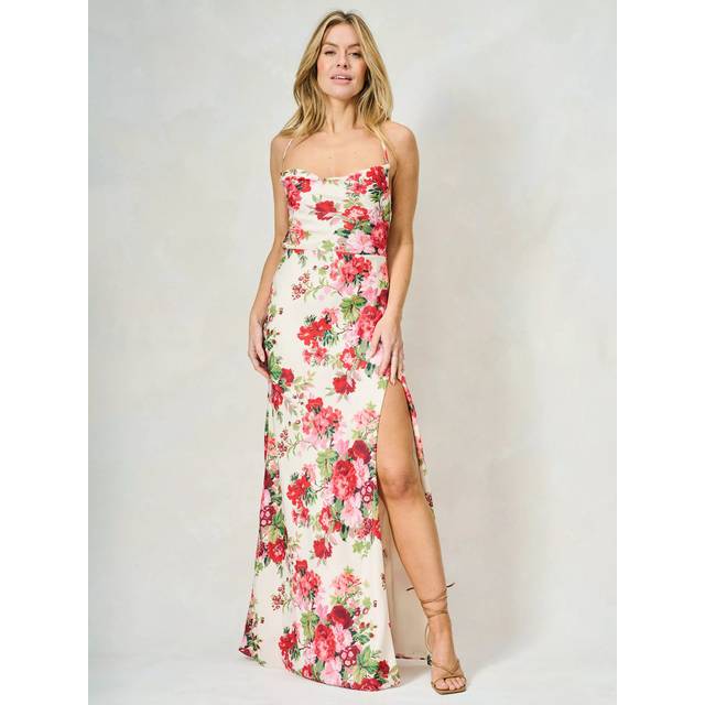 Hope & Ivy The Valeria Floral Cowl Neck Split Maxi Dress, White/Multi