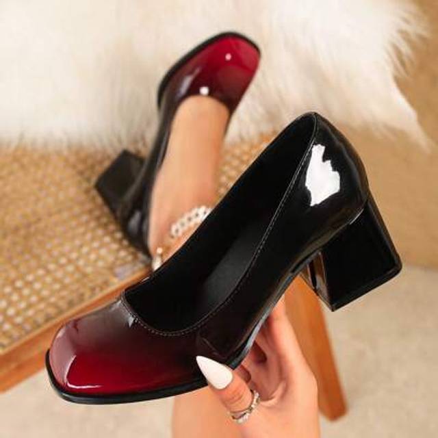 SHEIN Petite Women&#39;s Mary Jane Chunky Heels Pumps, Square Toe Bowknot Fashionable High Heels In Red & Burgundy, Comfortable