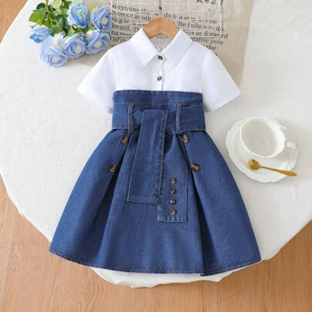 SHEIN Girls Chiffon Shirt Collar Short Sleeve Patchwork A-Line Waist Slim Formal Dress With Belt, Summer Korean Style