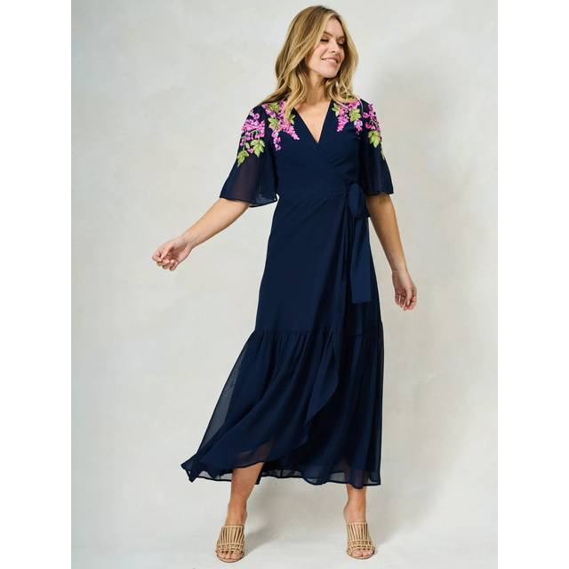 Hope & Ivy The Grace Floral Embroidered Wrap Maxi Dress, Navy
