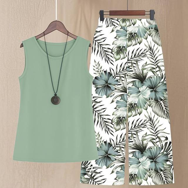 TEMU Women's Elegant Suit Solid Color Vest Top And Plant Printed Wide-leg Pants 2pcs Set