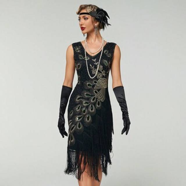 SHEIN 1920s Vintage Sequin Fringe Peacock/Phoenix Tail Dress, Great Gatsby Themed Party Dress Elegant Cocktail Semi Formal Prom Wedding Guest Dress, For Bir