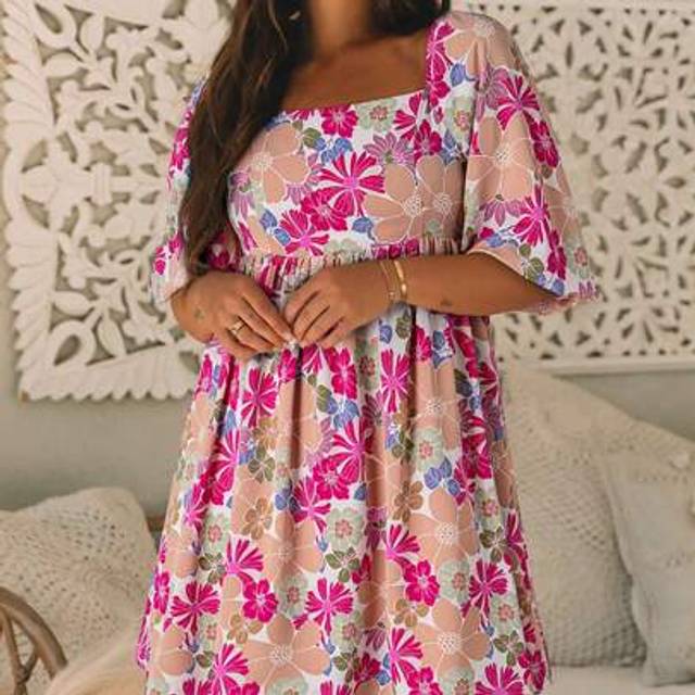 SHEIN Boho Floral Square Neck Puff Sleeve Babydoll Dress