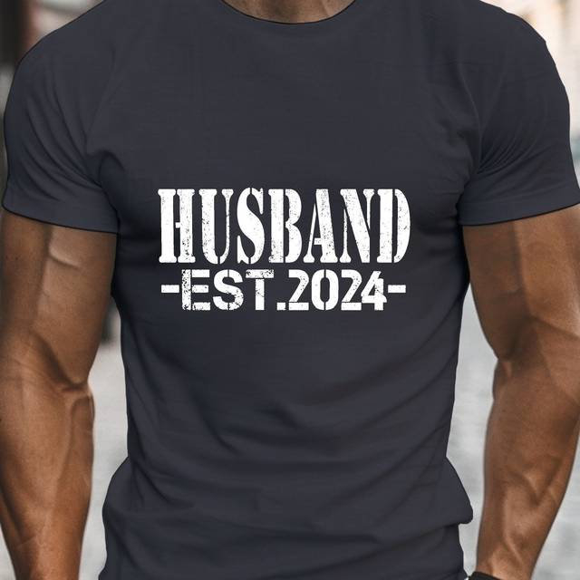 TEMU Husband Est 2024" Men's Casual T-shirt - Crew Neck, Short Sleeve, Lightweight & Comfy Polyester Top For Summer