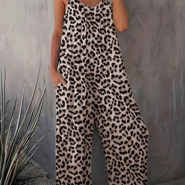 TEMU Leopard Print Cami Jumpsuit, Casual Sleeveless Jumpsuit With Pockets For , Women's Clothing