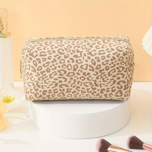 TEMU Leopard Print Canvas Makeup Bag, Large Capacity Fashion Portable Cosmetics Bag With Zipper, Stylish Travel Cosmetic Pouch