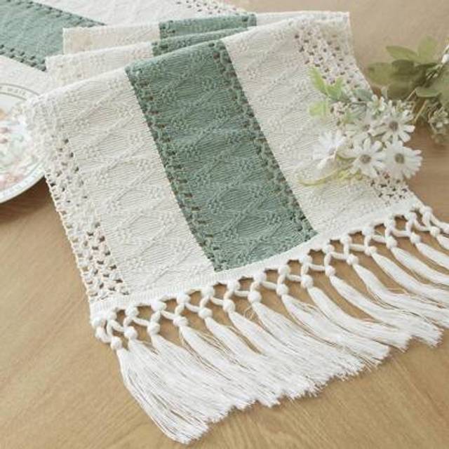 SHEIN 1pc Handmade Crochet Lace Table Runner With Tassels - Elegant Cream And Brown, Suitable For Dining Room And Bedroom - Boho Farmhouse Decor