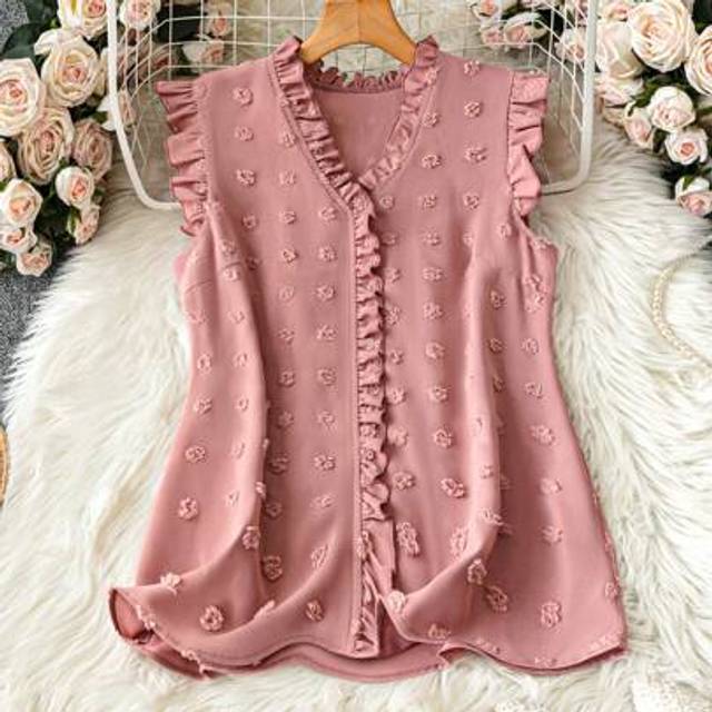 SHEIN Women&#39;s Vacation Casual Solid Color Swiss Dot Patchwork Ruffle Trim Sleeveless Blouse