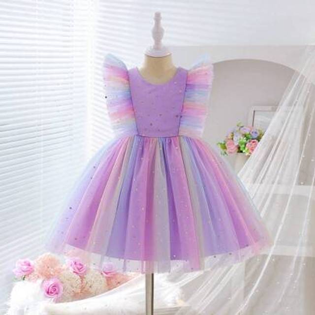 Girl Princess Dress Tutu Cake Mesh Kjol Volanger Paljetter Glitter Scenshow Cosplay Lång Klänning - Blåröd (6Y,7Y,4Y,5Y)