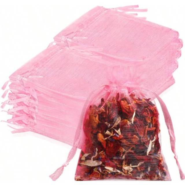 SHEIN 50/100pcs Pink Organza Gift Bags, Festival Celebration Candy Bags, Wedding Party Favor Bags, New Year Party Colorful Drawstring Mesh Bags With Ribbons