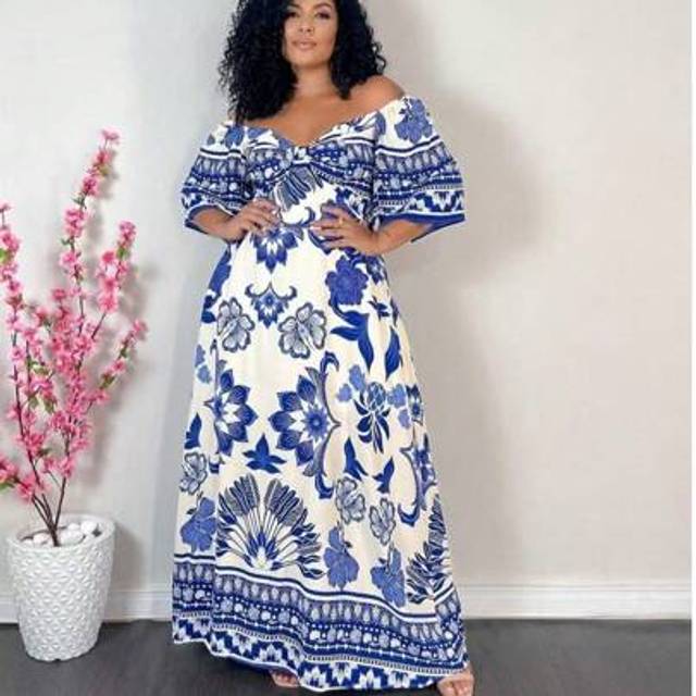 Plus Size Klänning Bohemian Klänning Sommar Klänning Påsk Klänning Kvinnor - Blå (1XL,2XL,3XL,4XL)