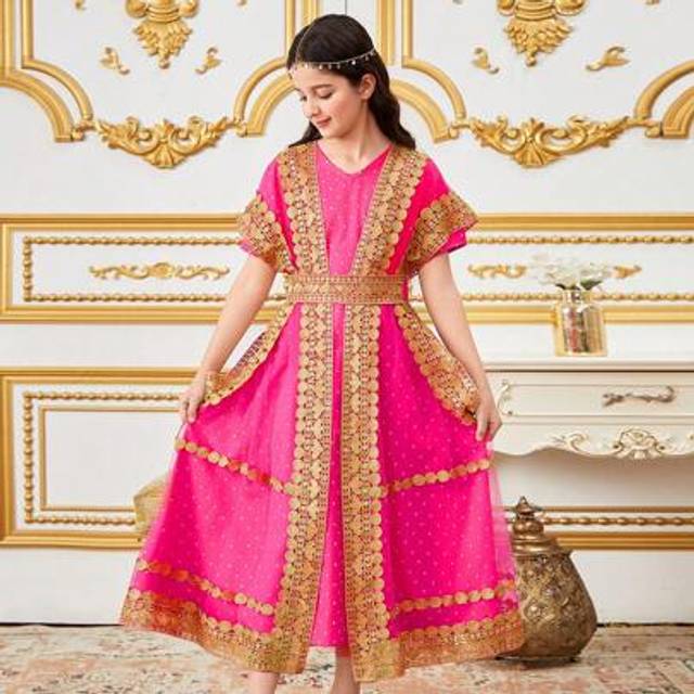 SHEIN 2pcs/Set Tween Girl Mesh Patchwork Embroidered Gold Ribbon Trim Dress
