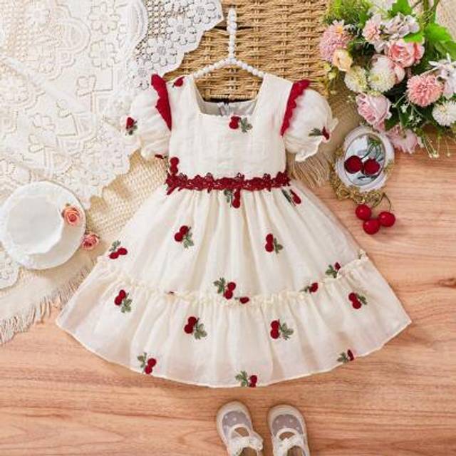 SHEIN 2025 Spring Summer New Princess Style Young Girl Cute Puff Sleeve Cherry Embroidery Delicate Princess Dress