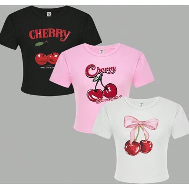 SHEIN 3-Pack Summer Teen Girls Fashion Short Tee, Pink/White/Black With Cherry Fruit Graphic Print, Suitable For Outings, Vacations, And Daily Wear