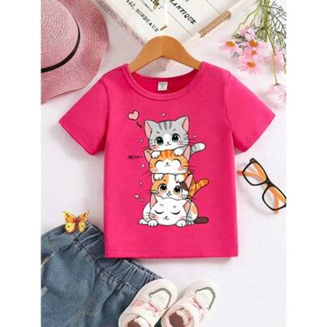 SHEIN Young Girl Cute Cartoon Cat Print Casual T-Shirt, Suitable For Outdoor Activities