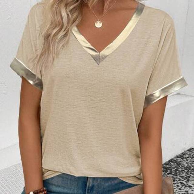 Dam V-ringad kortärmad Casual Patchwork PU konstläder T-shirt, mode för vår/sommar - Kaki (L,M,S,XL,XS)