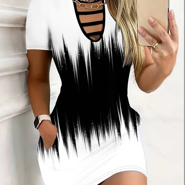 TEMU Chic Gradient Print Women's Bodycon Dress - Crew Neck, Short Sleeve, Polyester, Summer Fashion, Black To White Ombre, Casual , Adult Size, Stylish Event Attire | Crew Neck Dress | Polyester