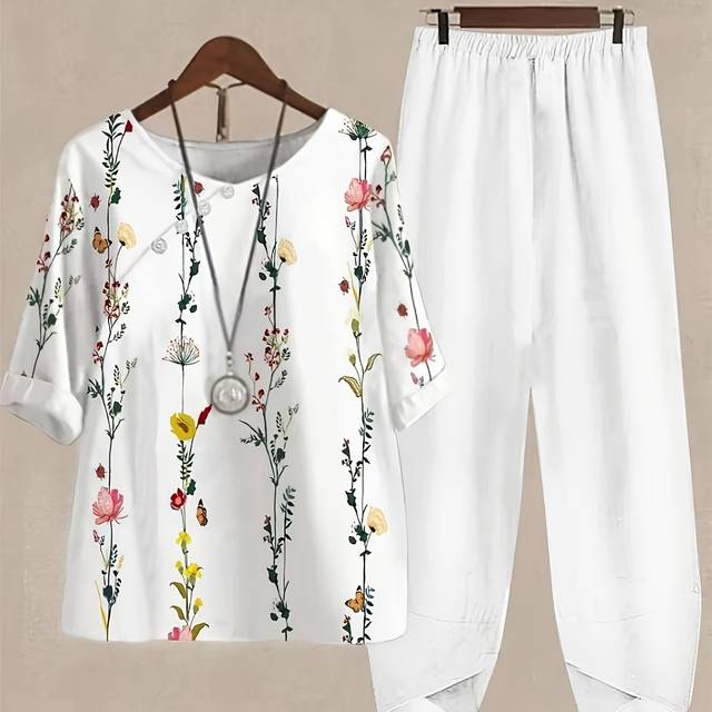 TEMU Women's Casual Printed Round Neck Top And Pants Two-piece Set Spring And Summer Cool Women's Elegant Floral Set