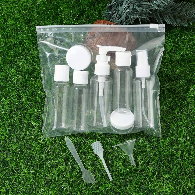 TEMU 10pcs White Cosmetic Travel Bottles Set With Funnel, Spatula & Dropper For Lotion And Cream - Leakproof Plastic Containers