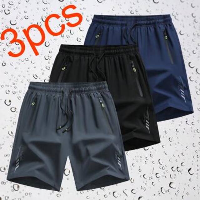 SHEIN Summer Workout 3 Pairs Of Men&#39;s Outdoor Sporty Casual Loose Quick-Drying Shorts, With Reflective Strip Design, Featuring Pockets, And Having A Zipper