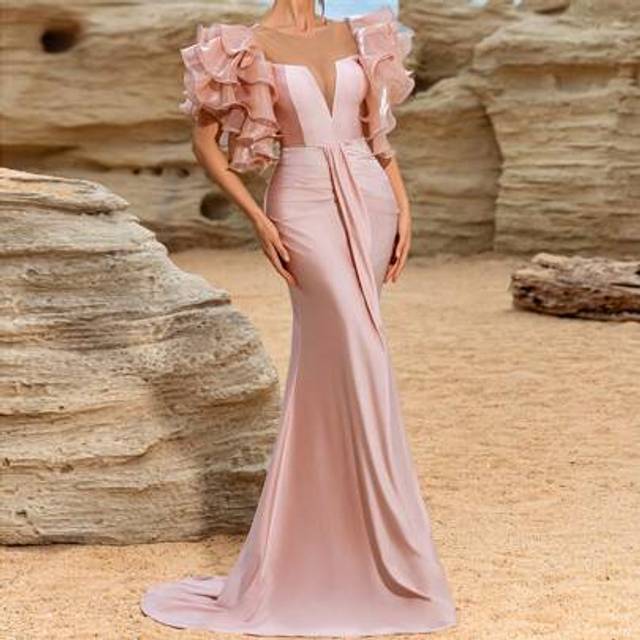 SHEIN Pink Party Dress With Ruffled Detail, Fitted Tailored Engagement Dress