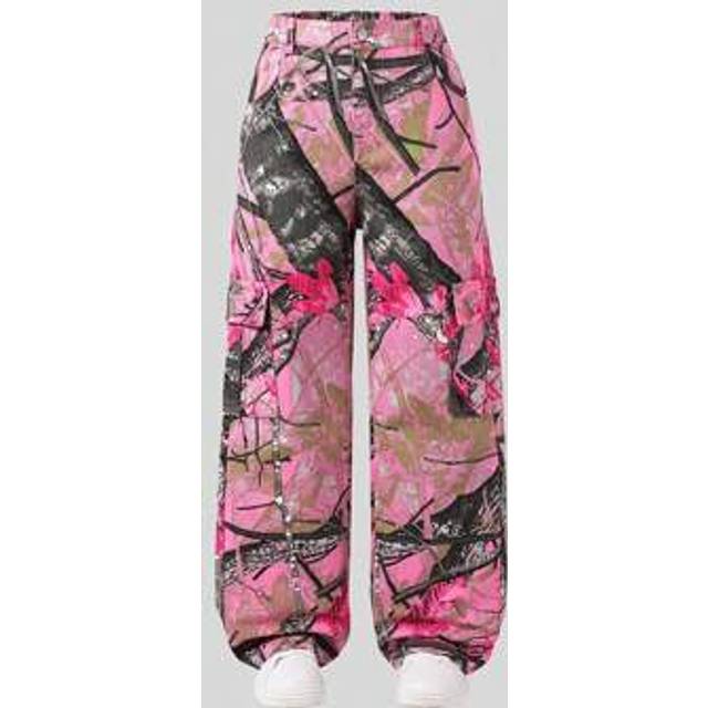 SHEIN Plus Size Girls&#39; Y2K Streetwear Chic Casual & Versatile Pink Tree Branch Printed Loose Wide-Leg Comfortable Washed Denim Cargo Pants, Spring/Summer 20