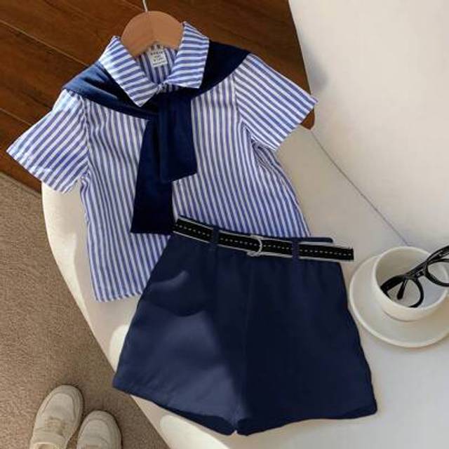 SHEIN 4pcs Baby Boy Summer Cute Striped Short Sleeve Shirt, Elastic Waist Shorts, Shawl, Gentlemen Outfit With Belt For Birthday Party, Evening, Performance
