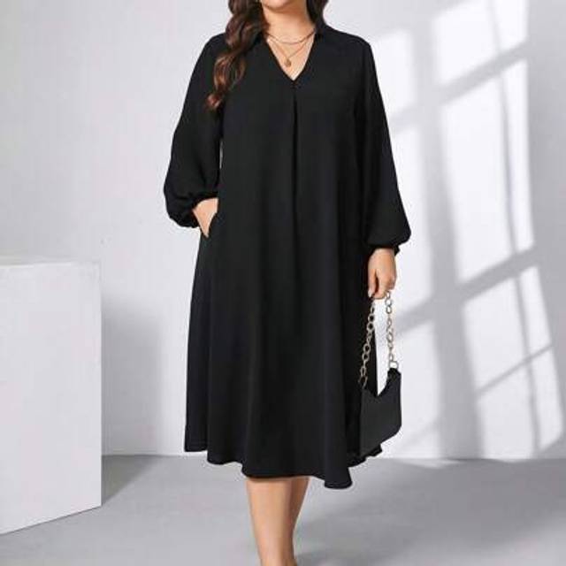 SHEIN Plus Size Women Spring And Summer Fashion Casual Loose Comfortable Cool Daily Black V-Neck Long Sleeve Mid-Length Dress, Conservative Dress,Church Clo