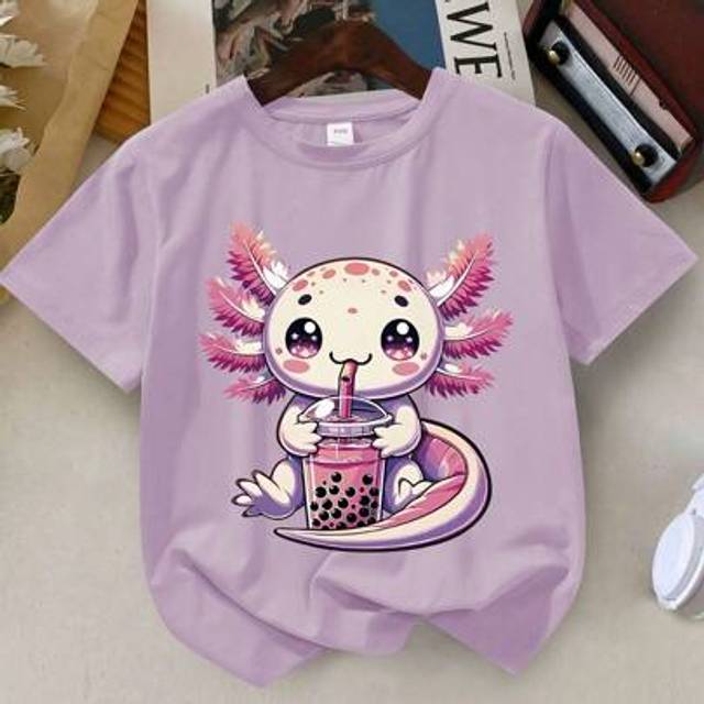 SHEIN Young Girl&#39;s Cartoon Axolotl Print Round Neck Short Sleeve Tee Spring And Summer Casual T Shirt For Young Girl