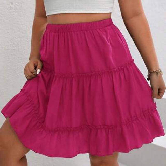Plus Size Enkel enfärgad volangfåll Elastisk midjekjol, sommar - Skrikrosa (0XL,1XL,2XL,3XL,4XL)