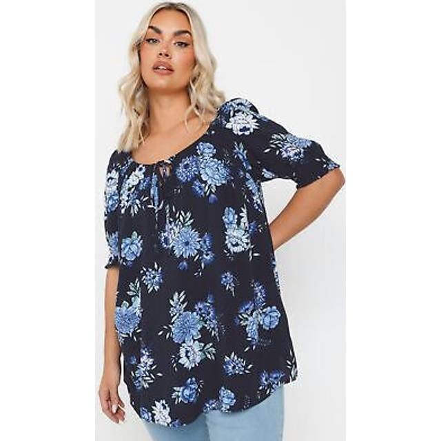 Yours Curve Navy Blue Floral Tie Neck Top, Women's Curve & Plus Size, Yours - 34-36
