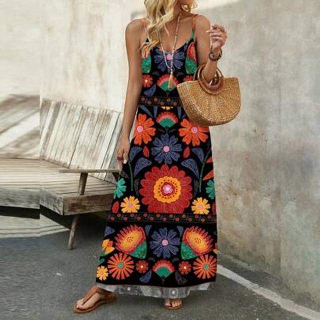 Casual Texture Print Sommar Lång Maxi Camisole Klänning, Lämplig för semester - Multifärgad (L,M,S,XL)