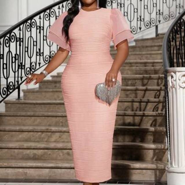 Plus Size Elegant Fest Enfärgad Texturerad Trumpet ärm Fishtail Klänning Nyår Semester Outfit Elegant Fest Rosa Alla hjärtans dag Formell Damklänning (0XL,1XL,2XL,3XL,4XL,5XL)