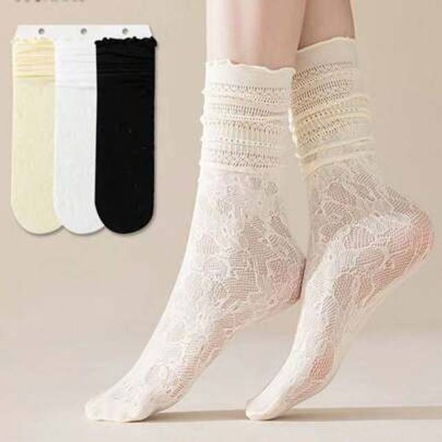 SHEIN 1 Pair / 2 Pairs / 3 Pairs Women Thin Lace Hollow Out Long Socks With Ruffle Trim, Casual Mid-Calf Socks For Daily Wear