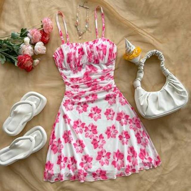 Soleia New Arrivals Spring/Summer Pleated Knit Pink Floral Print Camisole Mini Dress, Suitable For Beach, Western, Music Festival, Summer Bohemian Style