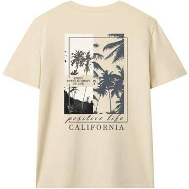 SHEIN Women&#39;s Summer New Simple Coconut Tree Slogan Printing Leisure Vacation Style Loose Versatile Round Neck Apricot Short-Sleeved T-Shirt Fashionable Dai